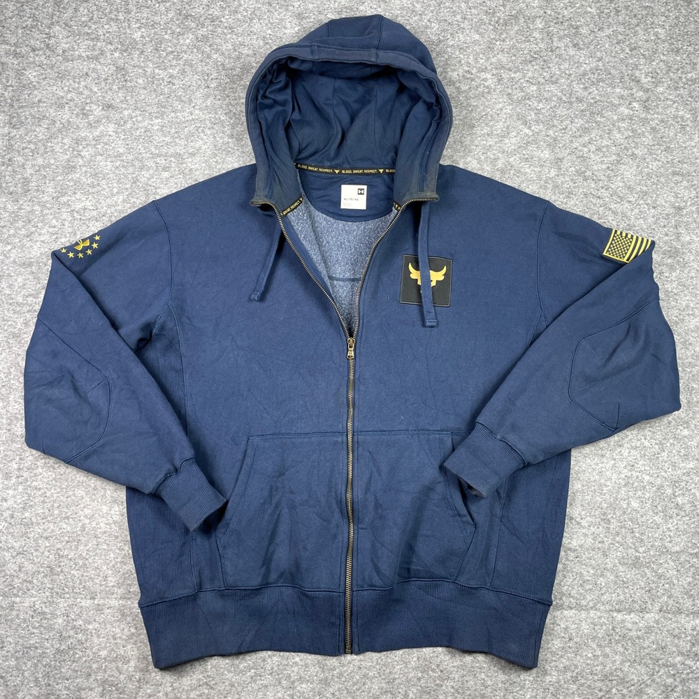 Under Armour Project Rock Full Zip Hoodie Mens XL Navy Blue Brahma Bull 1346104